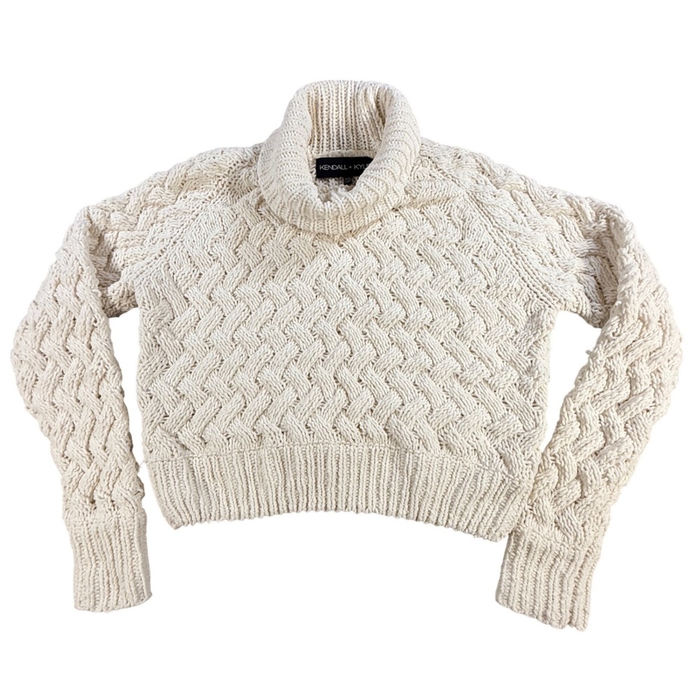 Kendall + Kylie Sweater‎ Women XS Ivory Cable Knit Chenille Cropped Turtleneck